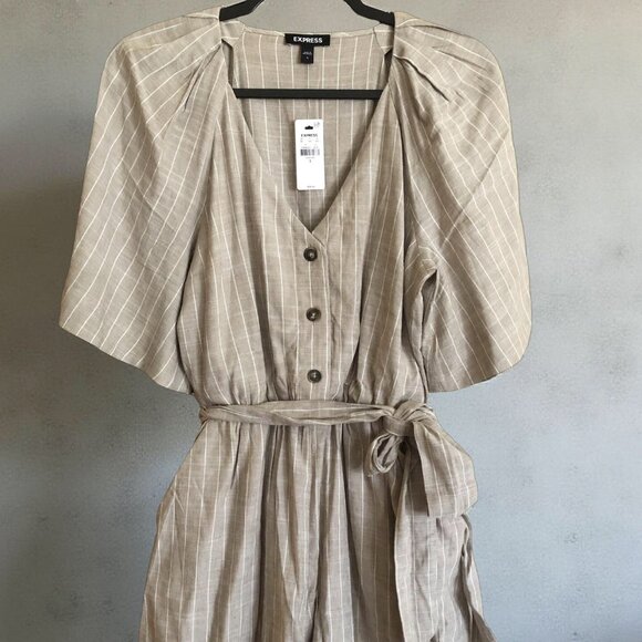 Express Neutral Linen-Blend Striped Button Up Tie Waist Romper - Picture 5 of 6